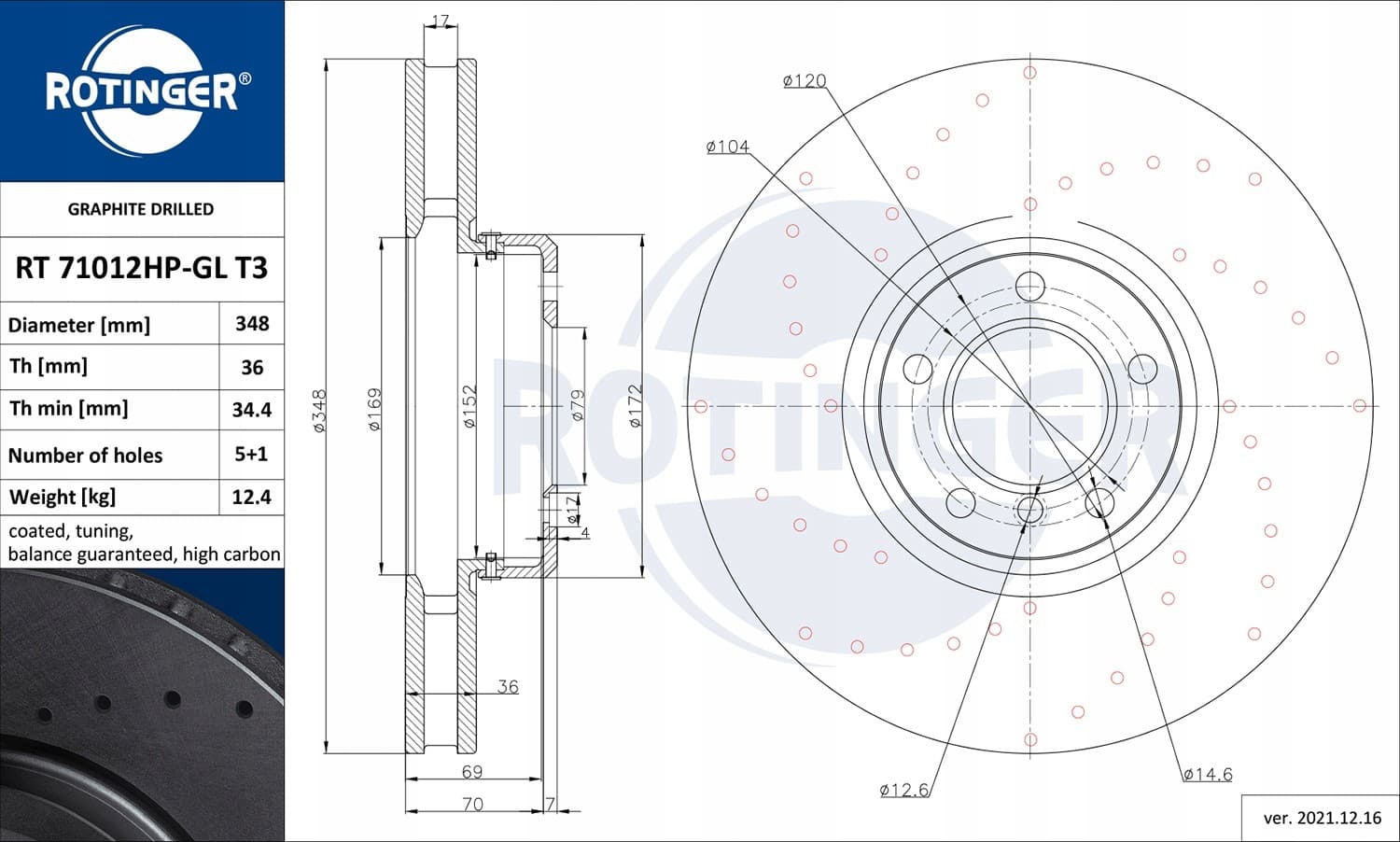 2 Discos de freno Rotinger RT 71012HP-GL T3 nuevo 2