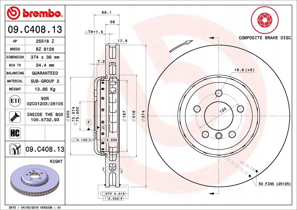 Disco de freno delantero derecho 09.C408.13 Brembo para BMW nuevo 3