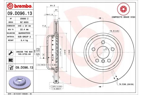 Disco de freno Brembo 09.D096.13 trasero usado 3