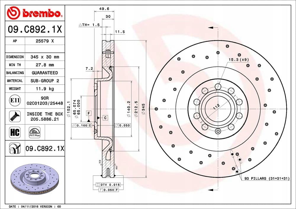Brembo 09.C892.1X Disco de freno perforado y ventilado nuevo 11