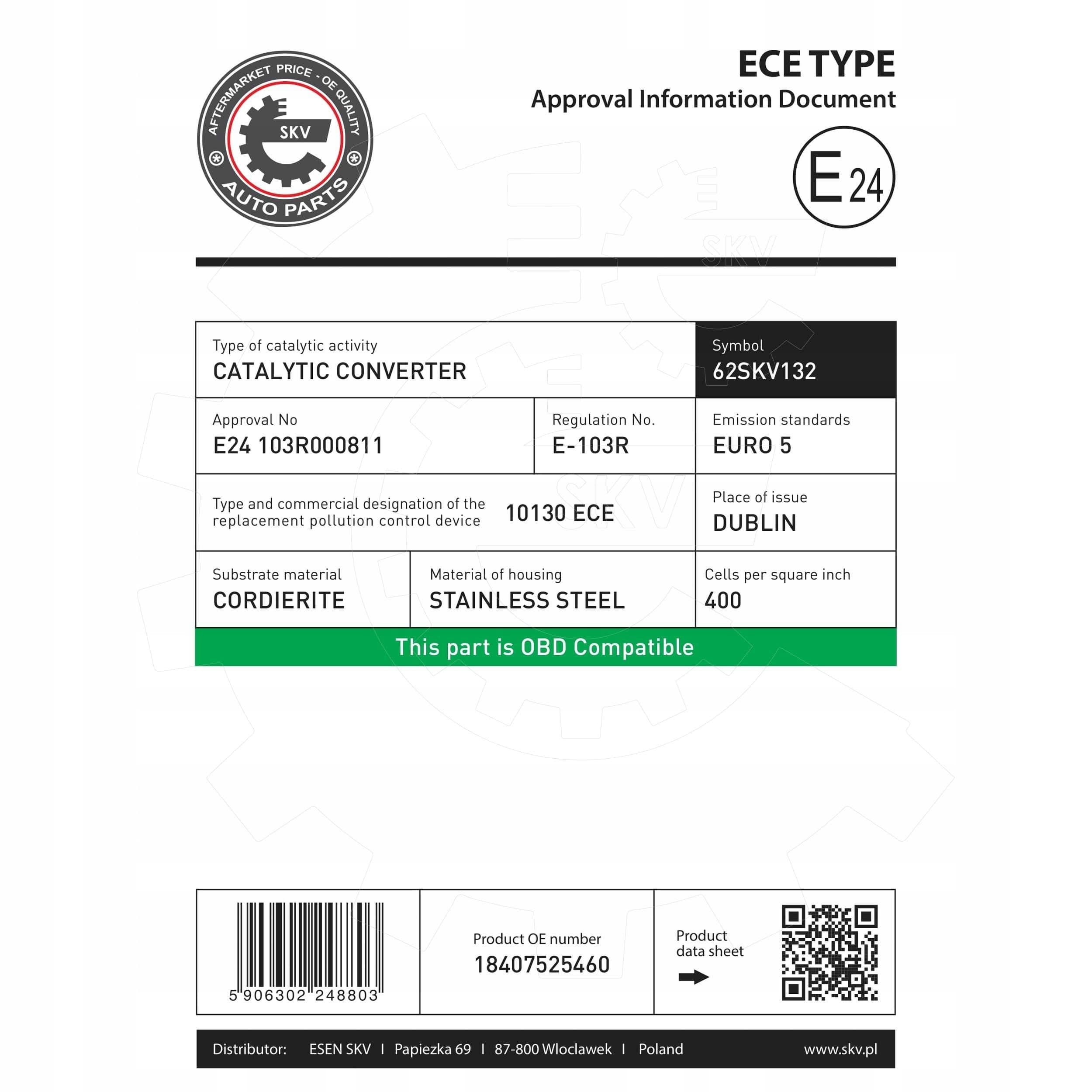 Catalizador Esen Skv 62SKV132 para BMW nuevo 7