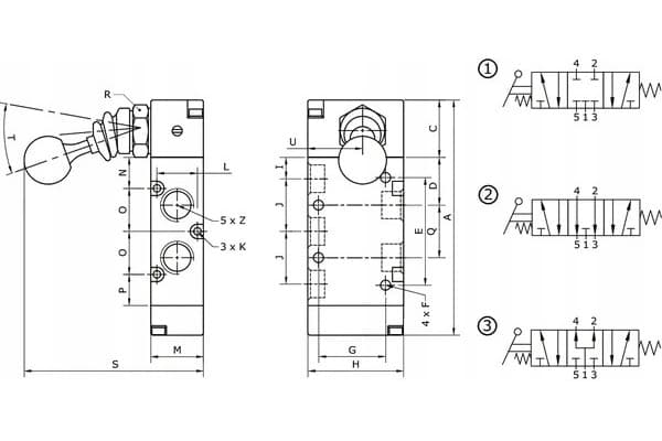 Válvula de palanca manual, 5/3 vías 1/8 Kramp usado 2