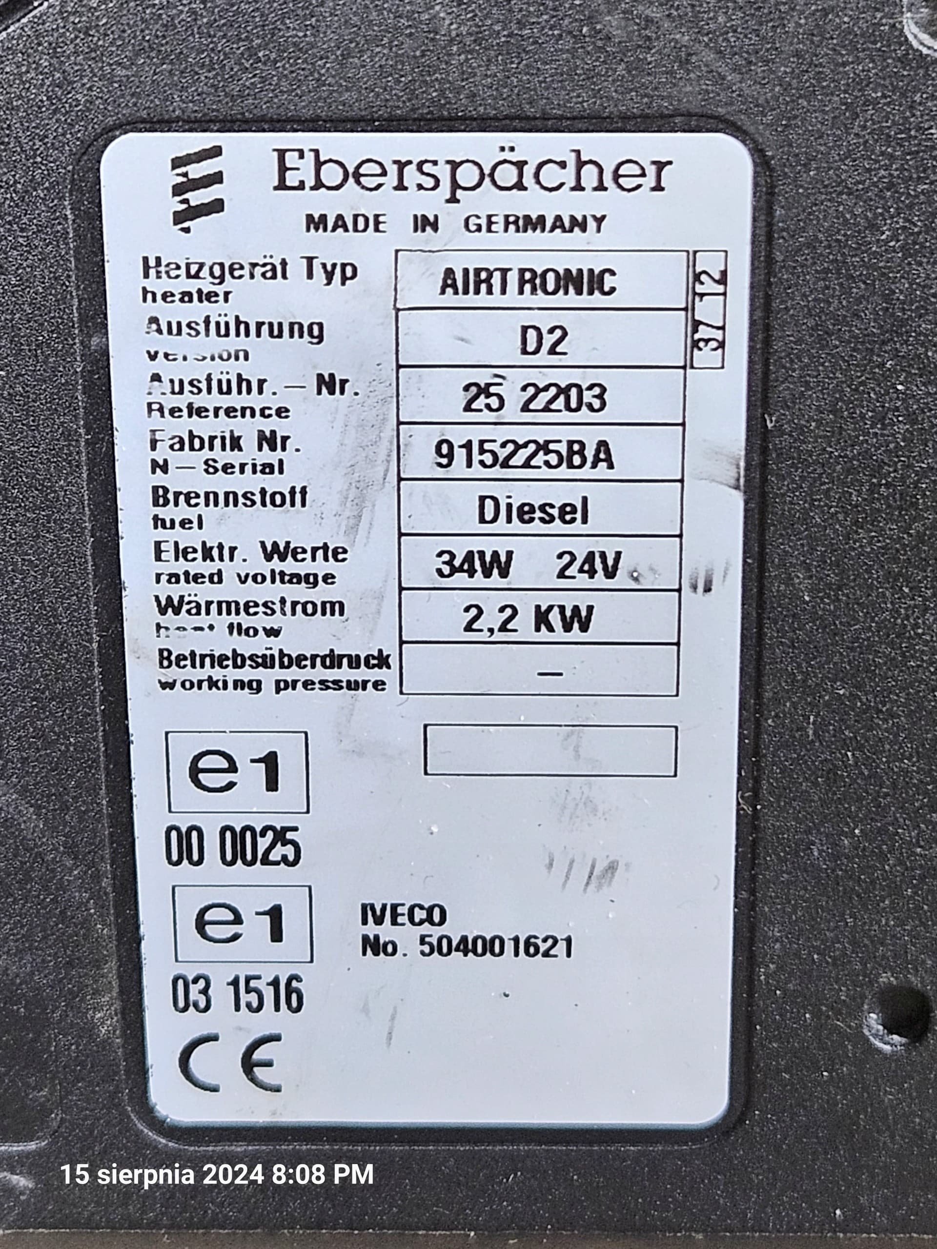 Eberspaecher AirTronic D2 24V - diésel - Iveco 504001621 usado 5
