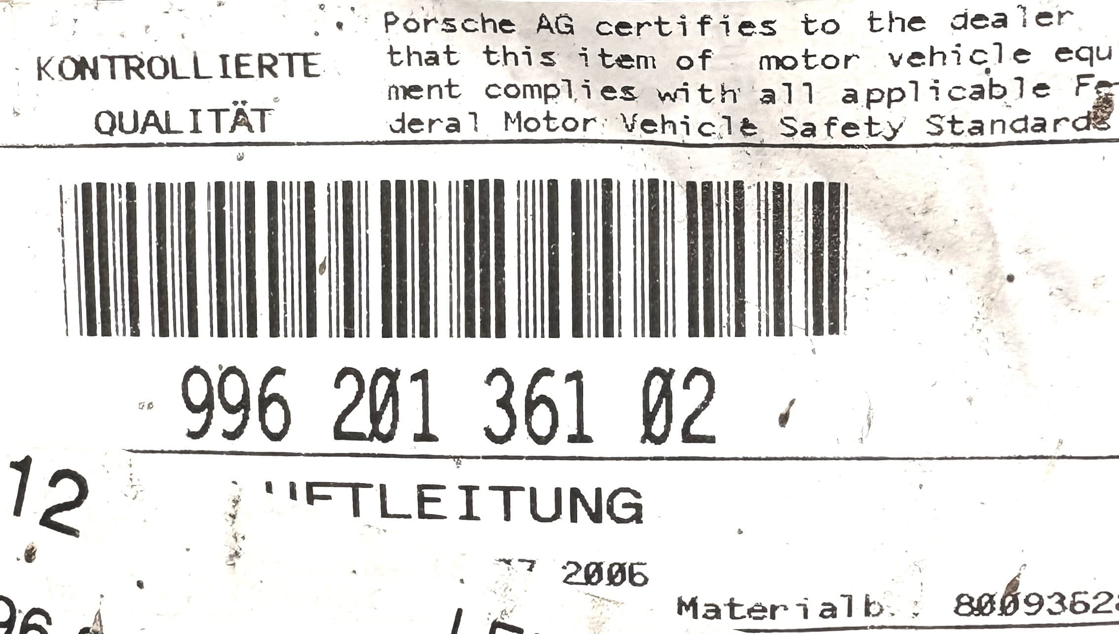 Tubo de Admisión de Aire Porsche 99620136102 nuevo 2
