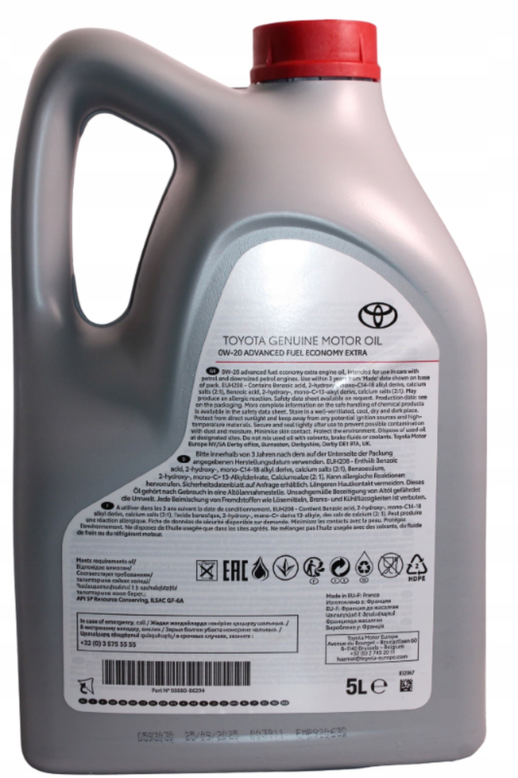 Aceite de motor Toyota Afe 0W-20 5L 08880-86294 OE nuevo 2