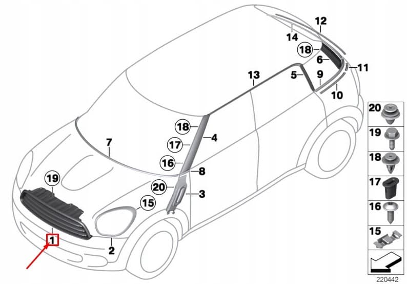 Rejilla Frontal Mini Countryman R60 51139812889 Original nuevo 10