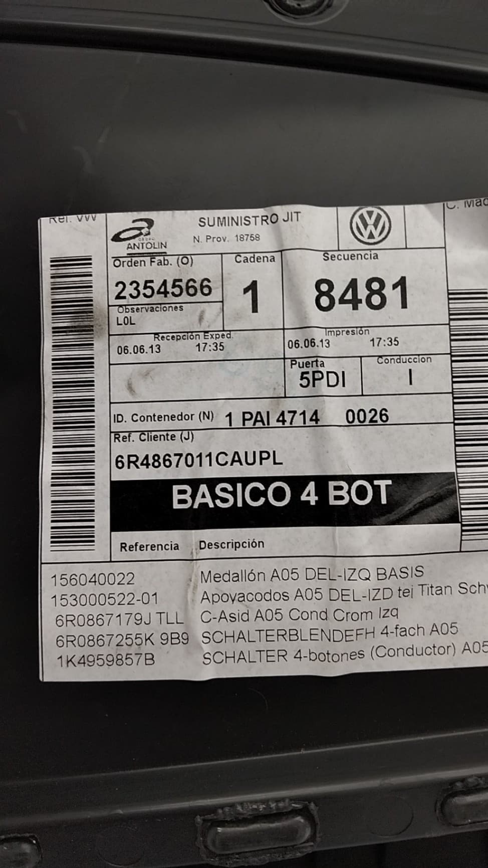 Recambio VOLKSWAGEN POLO (6R1) ref. 6R4867011CAUPL 2