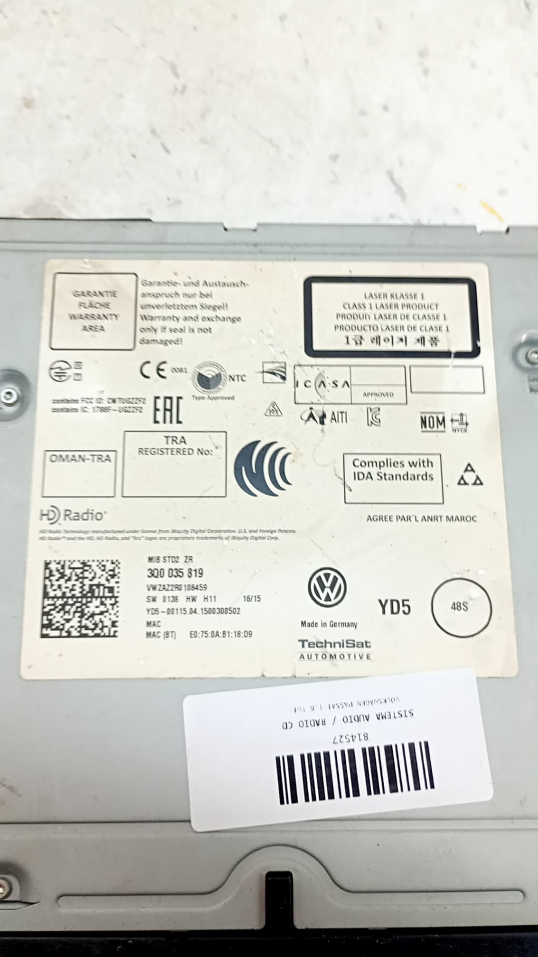 Sistema audio / radio cd VOLKSWAGEN PASSAT B8 (3G2, CB2) 3