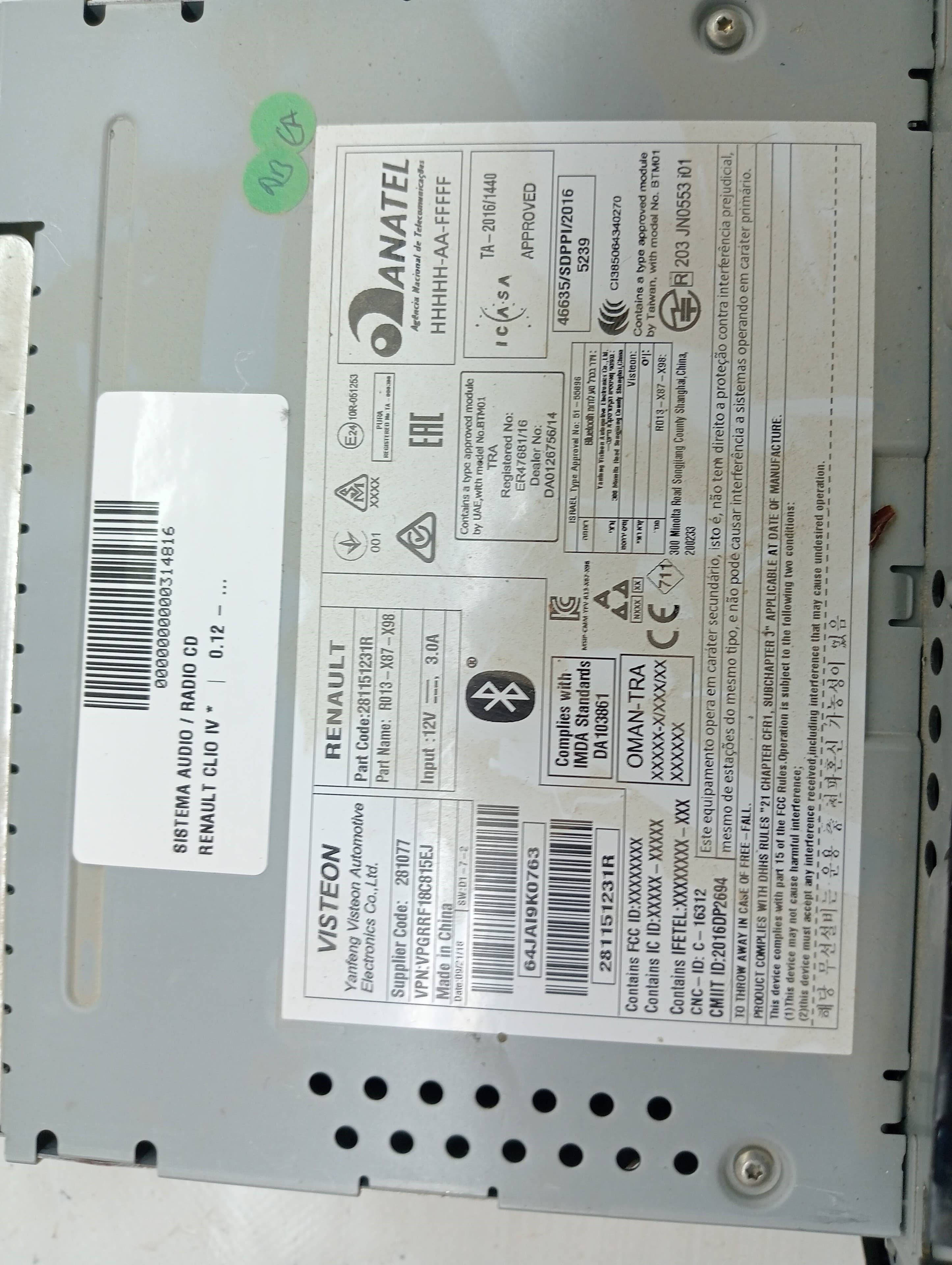 Sistema audio / radio cd RENAULT CLIO IV 3