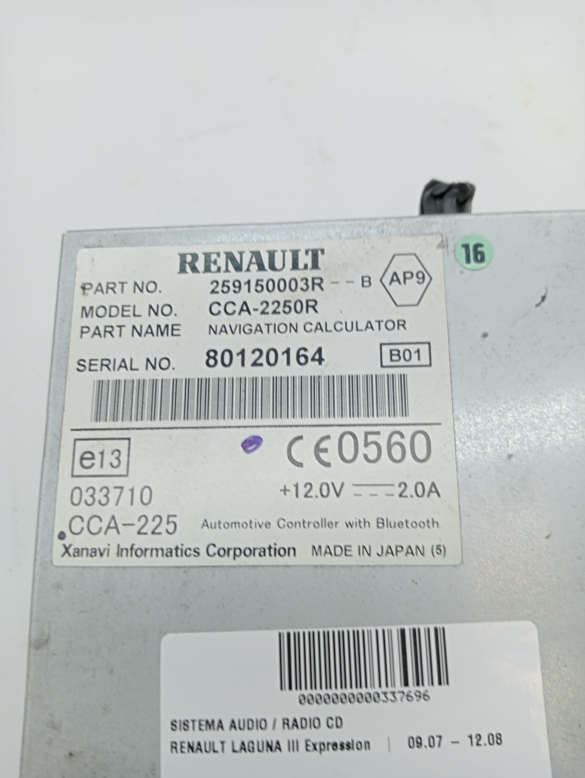 Sistema audio / radio cd RENAULT LAGUNA III 3