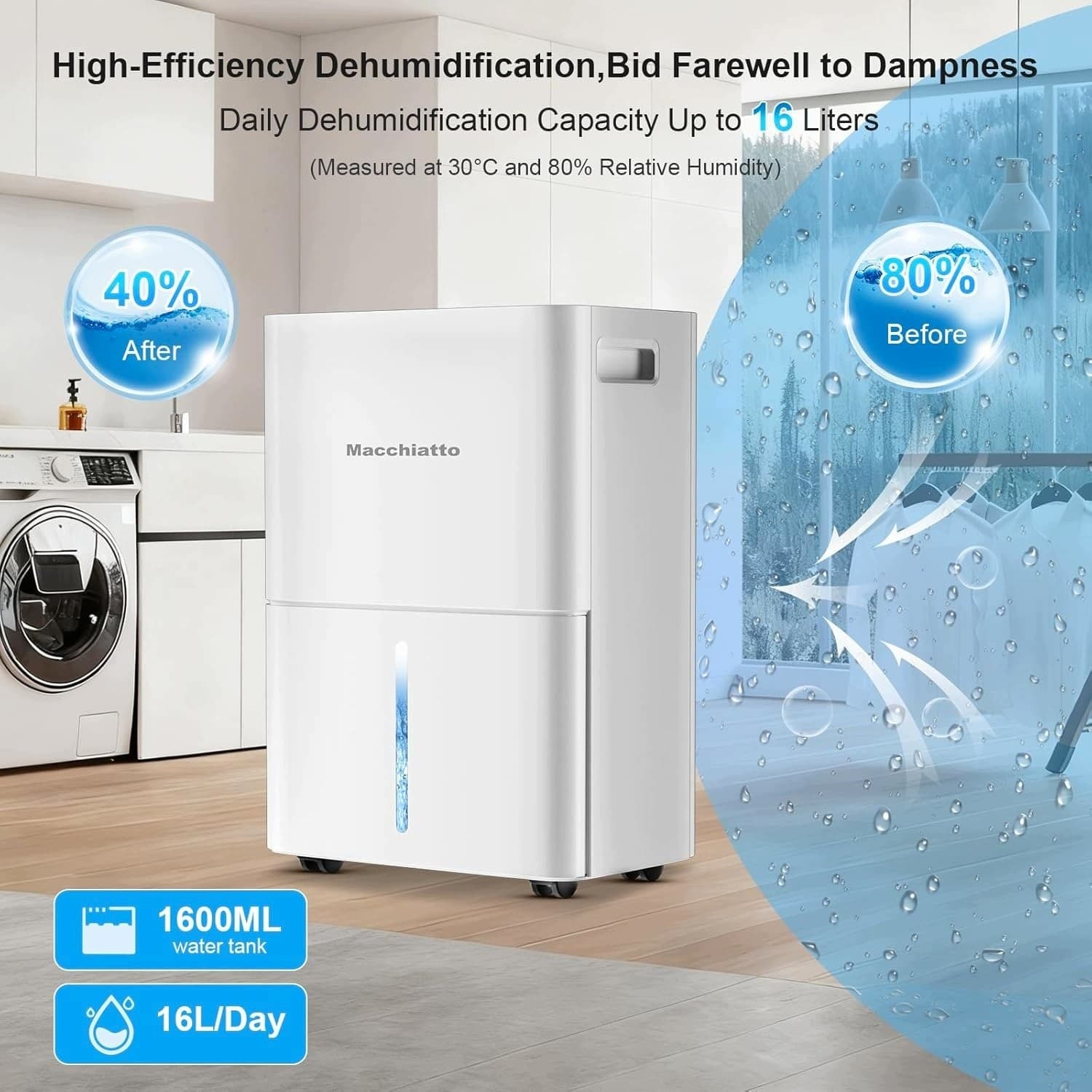 Deshumidificador compacto 16 L por día con funcionamiento automático nuevo