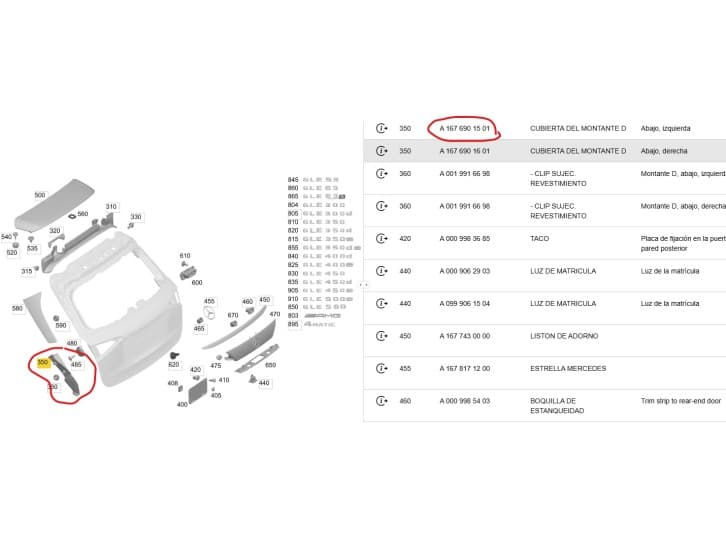 Recambio de molduras traseras para mercedes-benz gle (v167) gle 300 d eq boost 4-matic (167.119, 167.109) referencia OEM IAM A16